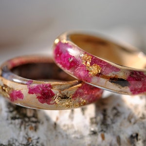 Real Birch Bark Ring, Birch Wood Rings, Pink Orchid Resin Ring with Real Pressed Petals, Gold24K, Nature Inspired  Ring, Gift for Her