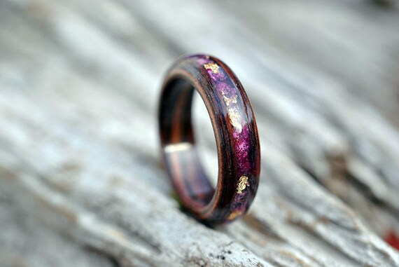 Wood Women Ring With Natural Pink Flowers. Wood Engagement Ring