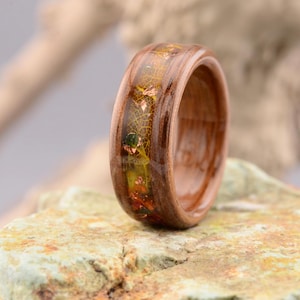 American Walnut Ring with Green Skeleton Leaf, Wooden Engagement Rings. Walnut Ring with Orange Marigold. 5 Year Anniversary. Rustic Ring
