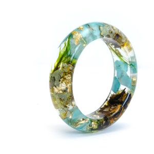 Natural Stone Ring with Natural Stone Turquoise, Moss, Tree Bark and 24K Gold. Turquoise Ring, Raw Stone Ring. Flower Resin Ring. Blue Ring