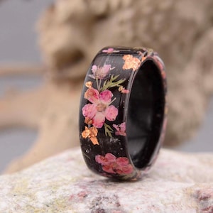 Ebony Engagement Ring with Queen Anne Flowers. Wooden Rings. Wood Wedding Band. Rustic Wedding Band. Ebony Wood Ring. Resin Wood Ring