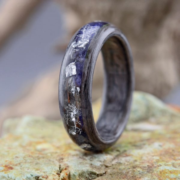 Wood Ring with Delphinium. Gray Poplar Ring, Forest Ring, Wood Flower Ring, Delphinium Ring, Flower Wedding Ring. 5 Year Anniversary