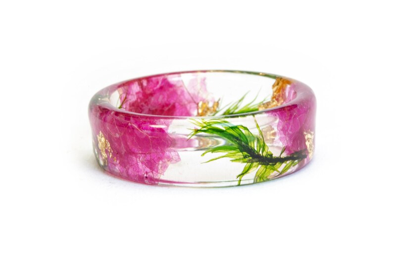 Pink Orchid Resin Ring with Real Pressed Petals , Green Forest Moss, Nature Inspired Clear Ring, Gold 24K, Gift for Her image 4