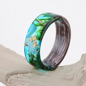 Forest women ring, Wood Grass Resin Ring, Women Nature Unique Rings, Celtic Engagement Wooden Rings, Plant resin ring, Terrarium wood ring,