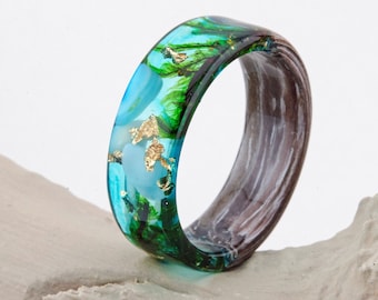 Forest women ring, Wood Grass Resin Ring, Women Nature Unique Rings, Celtic Engagement Wooden Rings, Plant resin ring, Terrarium wood ring,
