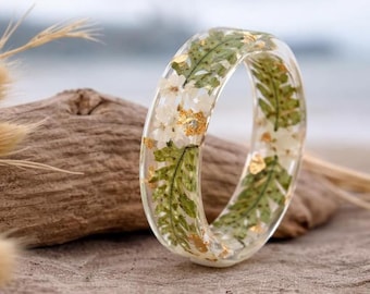 Wald Farn Ring, echte gepresste grüne Blätter und Goldflocken, Natur inspiriert Schmuck, grünes Blatt Ring, echte Farn Harz Ring, Weihnachtsgeschenk