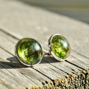 May include: A pair of silver stud earrings with round green resin cabochons containing preserved moss.
