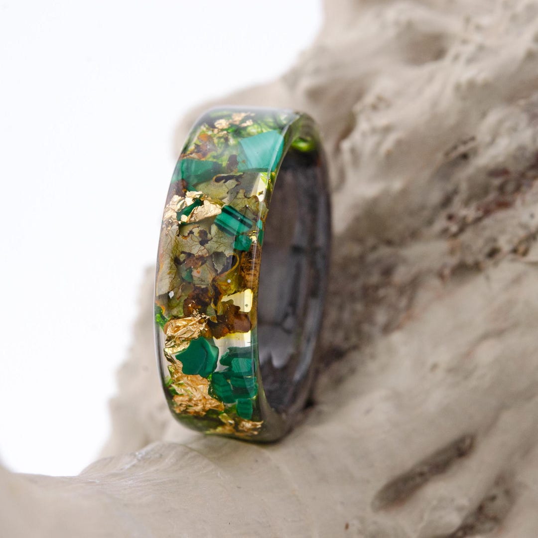 Stone Look Tree Rings Forest Wood&resin Ring With Green Natural Stones Malachite, Tree Bark ...