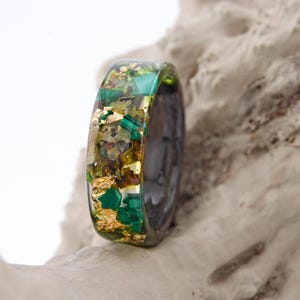 Forest Wood&Resin Ring with Green Natural Stones Malachite, Tree Bark, Moss and 24K Gold.Grey Oak Tree Ring. Women Nature Unique Rings.