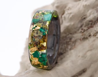 Forest Wood&Resin Ring with Green Natural Stones Malachite, Tree Bark, Moss and 24K Gold.Grey Oak Tree Ring. Women Nature Unique Rings.