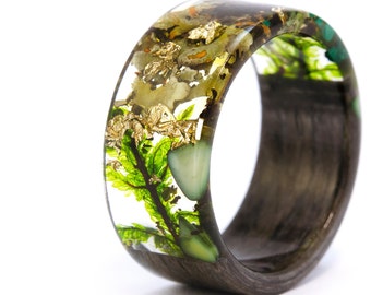 Forest Wood&Resin Ring with Green Natural Stones Malachite, Tree Bark, Moss and 24K Gold.Grey Oak Tree Ring. Women Nature Unique Rings.