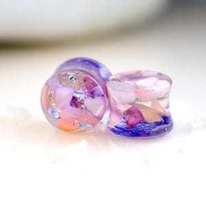 May include: Two clear, cylindrical ear plugs with colourful inclusions. One plug has pink, purple, and orange pieces with silver glitter. The other plug has pink and purple flower-like shapes and a blue, leaf-like design.