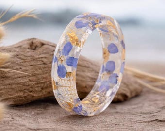 Forget-Me-Not Resin Ring with Real Flowers Inside, Skeleton Leaves Ring with Gold Flakes, Blue Resin Rings, Forget-Me-Not Ring, Women's Gift