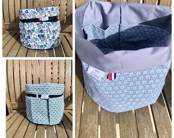 Panière de rangement pochon reversible tissu japonais turquoise ou gris bleu ou marine avec fleurs