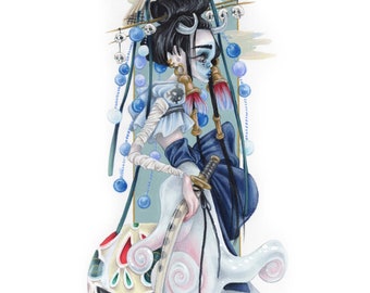 Wako - art print - Mermaid pop surrealism japanese pirate japan skull blue