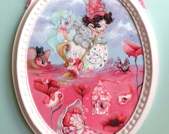 Alice's misadventures - ORIGINAL framed painting - Wonderland pop surrealism unicorn mermaid pastel rabbit  lewis carroll flowers