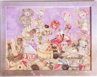 Pastries Girlfriends pop surrealism illustration rococo marie antoinette pastel dessert art history ORIGINAL (framed)