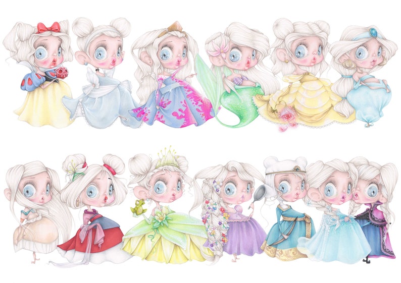 Disney princesses pop surrealism frozen elsa rapunzel snow white cinderella ariel beauty beast pastel art print