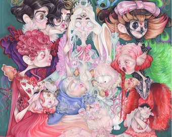 May include: A whimsical illustration featuring a group of colorful characters with large eyes and elaborate costumes. The characters are dressed in pink, red, blue, and white, and they are surrounded by flowers and other decorative elements. The illustration is painted in a cartoon style and has a playful and imaginative feel.