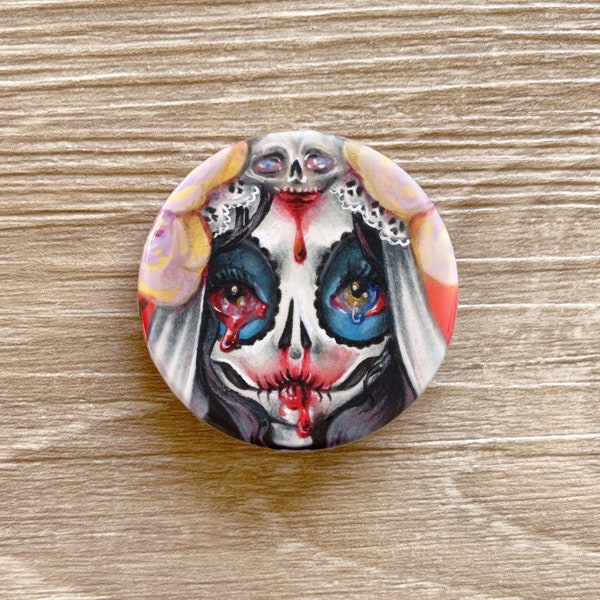 Badge Catrina Santa Muerte gothique pop surréalisme gothic illustration dia de los muertos pins broche halloween Catrina