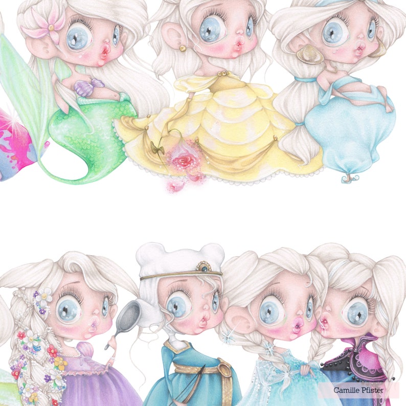 Disney princesses pop surrealism frozen elsa rapunzel snow white cinderella ariel beauty beast pastel art print