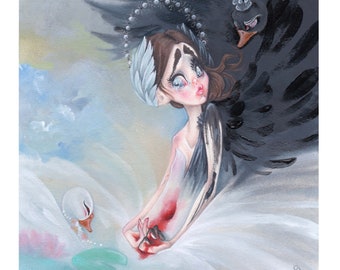 Black swan pop surrealism big eyes girl opéra ballet swan lake movie art print