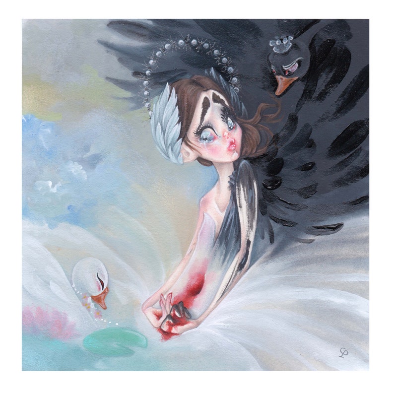 Black swan pop surrealism big eyes girl opéra ballet swan lake movie art print image 1
