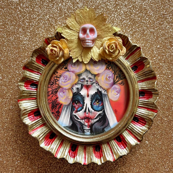 Catrina - peinture ORIGINALE - pop surréalisme rococo dia de los muertos halloween muerte mexique baroque (encadré)