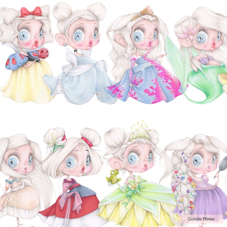Disney princesses pop surrealism frozen elsa rapunzel snow white cinderella ariel beauty beast pastel art print