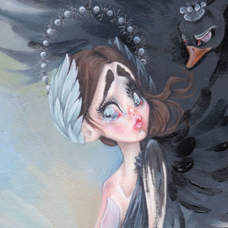 Black swan pop surrealism big eyes girl opéra ballet swan lake movie art print image 2
