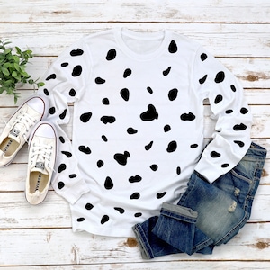 Dalmatian Print Long Sleeve Shirt, Dalmatian Costume, Dalmatian Party Shirt, Halloween Costume, Youth Kids Dalmatian Shirts, Dalmation Dog