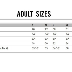 May include: A size chart for adult clothing with measurements in inches for body length, chest width, and sleeve length. The chart includes sizes S, M, L, XL, 2XL, and 3XL.