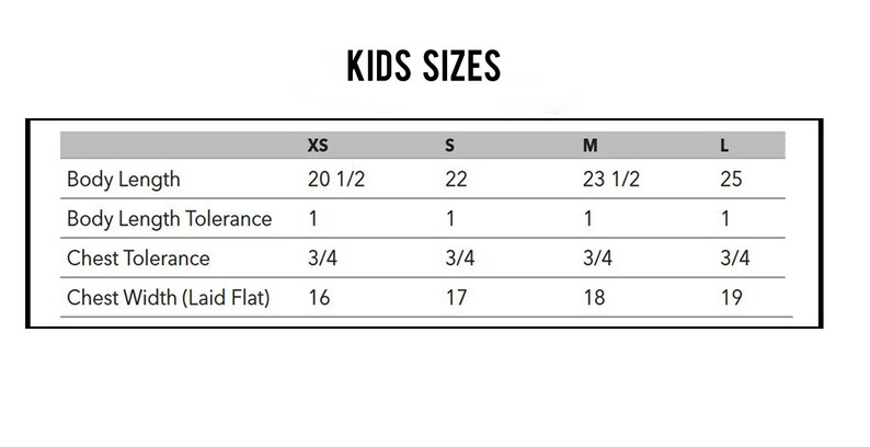 May include: A chart showing kids' clothing sizes in XS, S, M, and L. The chart lists body length, body length tolerance, chest tolerance, and chest width (laid flat) in inches.