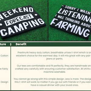 Puede incluir: Dos camisetas negras con texto blanco se muestran sobre una superficie verde. Una camiseta dice "WEEKEND FORECAST CAMPING". La otra dice "SORRY I WASN'T LISTENING I WAS THINKING ABOUT FARMING."