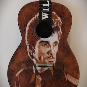 Willy DeVille guitar. Painted guitar Pyrography. Acoustic guitar. art guitar wood burned. Cajun