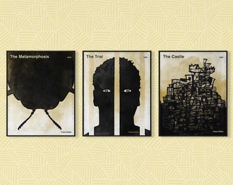 Franz Kafka Set of 3 Prints Book Cover Wall Art Medium, Surrealist Literature, Bibliophile, Classroom Decor, Bookish Room, Instant Download