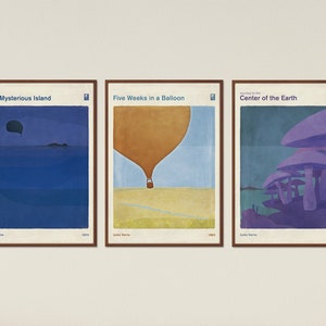 Verne's Extraordinary Voyages Set of 3 Prints Large, Literary Art Minimalist Book Cover Poster, Kids Room, Classroom Decor, Instant Download image 1