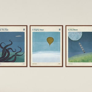 Jules Verne Extraordinary Voyages Set of 3 Prints Medium, Minimalist Literary Art, Bookish Gifts, Kids Room Classroom Decor Instant Download