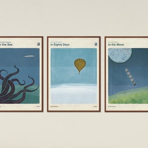 Jules Verne Extraordinary Voyages Set of 3 Prints Large, Minimalist Literary Art, Bookish Gifts, Kids Room, Classroom Decor Instant Download