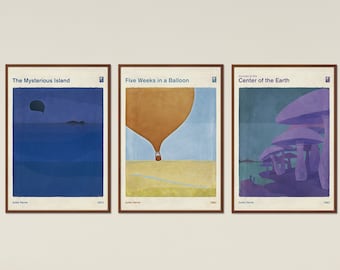 Verne's Extraordinary Voyages Set of 3 Prints Large, Literary Art Minimalist Book Cover Poster, Kids Room, Classroom Decor, Instant Download