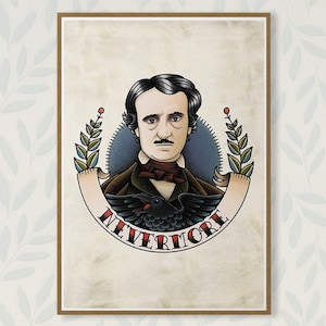 Edgar Allan Poe, Nevermore Printable Art Print Large, Literary Quotes, Old School Tattoo Poster, Classroom Decor, Bookish Gift