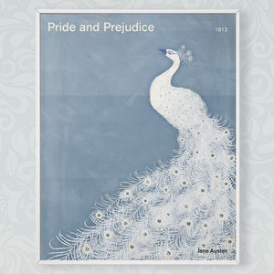 Jane Austen Pride and Prejudice; Medium literary poster, literary gift, bookish gift, peacock decor, modern home decor, digital download