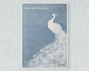 Jane Austen Pride and Prejudice; Large literary poster, literary gift, bookish gift, peacock decor, modern home decor, digital download
