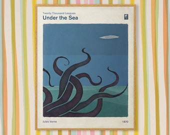 Twenty Thousand Leagues Under the Sea; Medium Literary Cover Book Minimalist Poster, adventure art, kids room decor, digital download