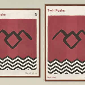 May include: Two minimalist posters with a red background and black chevron pattern at the bottom. The posters feature the iconic black "Twin Peaks" logo with the text "Twin Peaks" and "Fire walk with me" and "David Lynch" at the top and bottom of each poster.