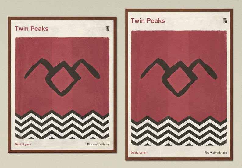 May include: Two minimalist posters with a red background and black chevron pattern at the bottom. The posters feature the iconic black "Twin Peaks" logo with the text "Twin Peaks" and "Fire walk with me" and "David Lynch" at the top and bottom of each poster.