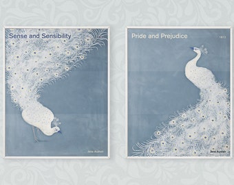 Jane Austen Duo - Medium book cover posters, literary art, literature poster, bookish gift, peacock decor, digital download