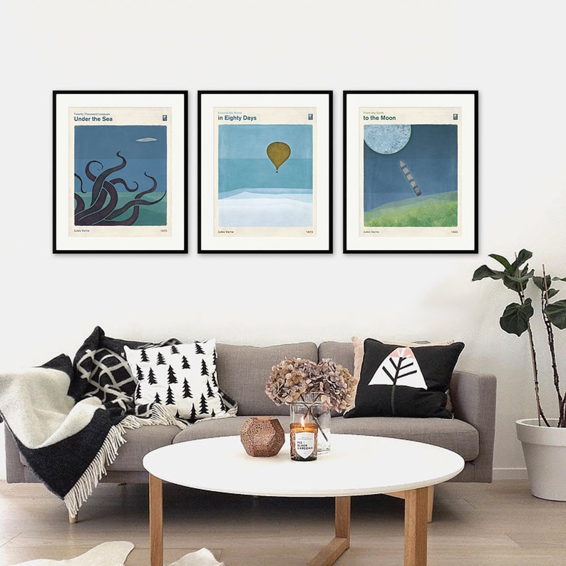 Jules Verne Extraordinary Voyages Set of 3 Prints Large, Minimalist Literary Art, Bookish Gifts, Kids Room, Classroom Decor Instant Download image 6