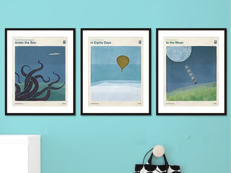 Jules Verne Extraordinary Voyages Set of 3 Prints Large, Minimalist Literary Art, Bookish Gifts, Kids Room, Classroom Decor Instant Download image 5