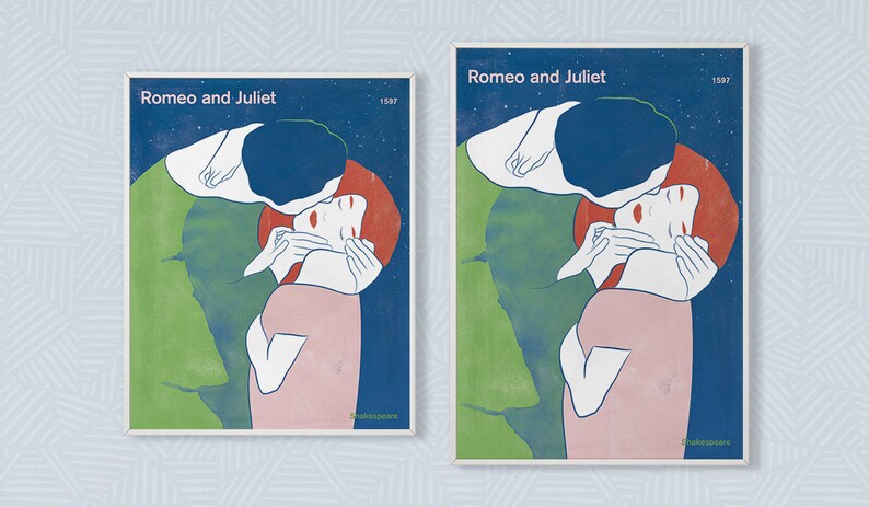 May include: Two posters with a minimalist design featuring a couple embracing. The posters are titled "Romeo and Juliet" and feature a blue, green, pink, and red color scheme.